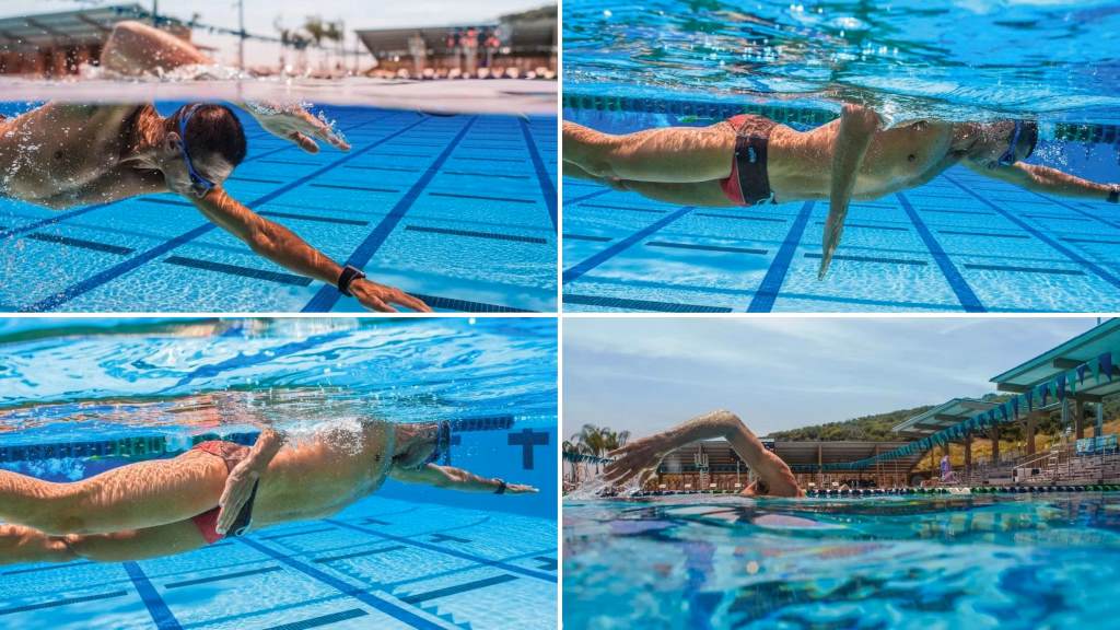 Swimrun athlete practicing freestyle pull in pool.