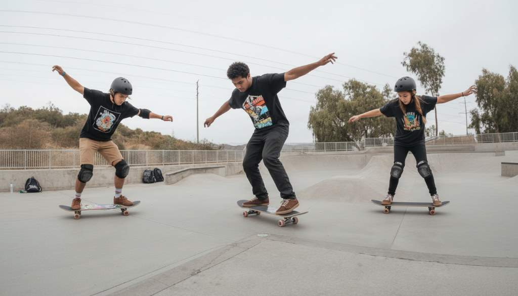 Group of new skaters practicing turns with Roller Derby Deluxe boards outdoors