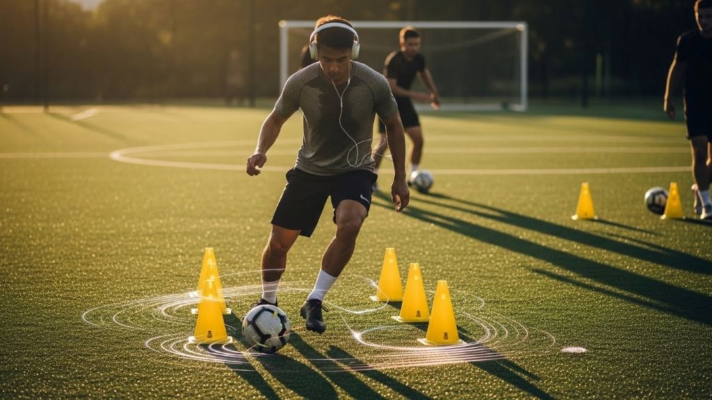 Basketball player practicing dribbling exercises to musical beats during rhythm-based athletic training program