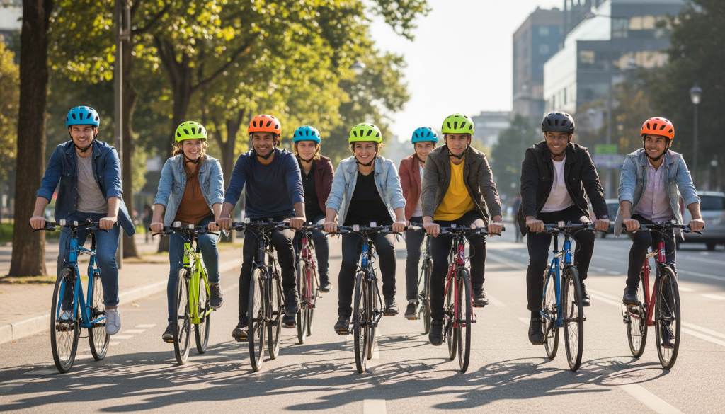 Group of new riders wearing colorful commuter bike helmets during a safe group ride