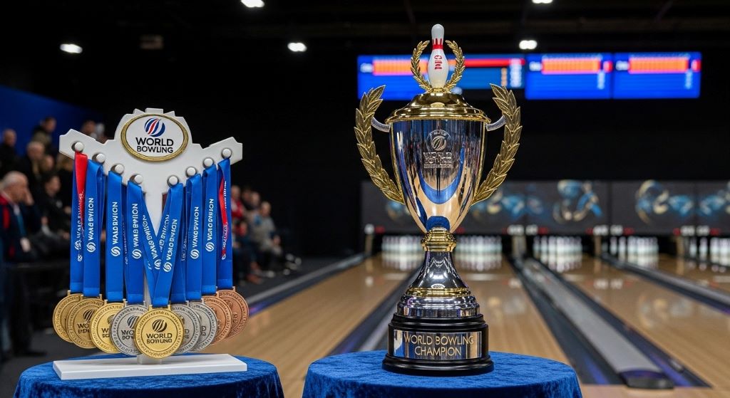 World Bowling championship trophy and medals displayed at international tenpin bowling competition venue